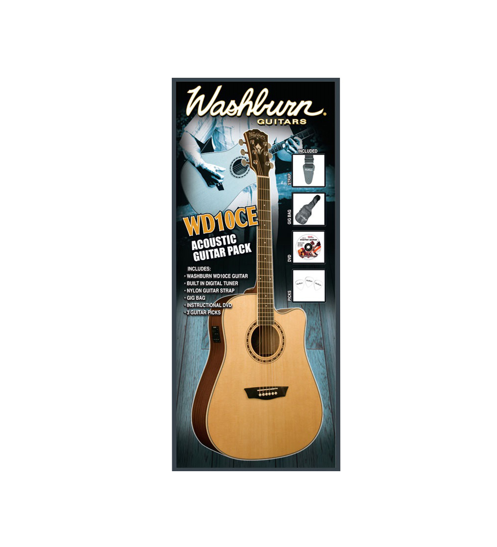 Pack Guitarra Electroacustica Washburn WD10CE Natural – Shopping Music